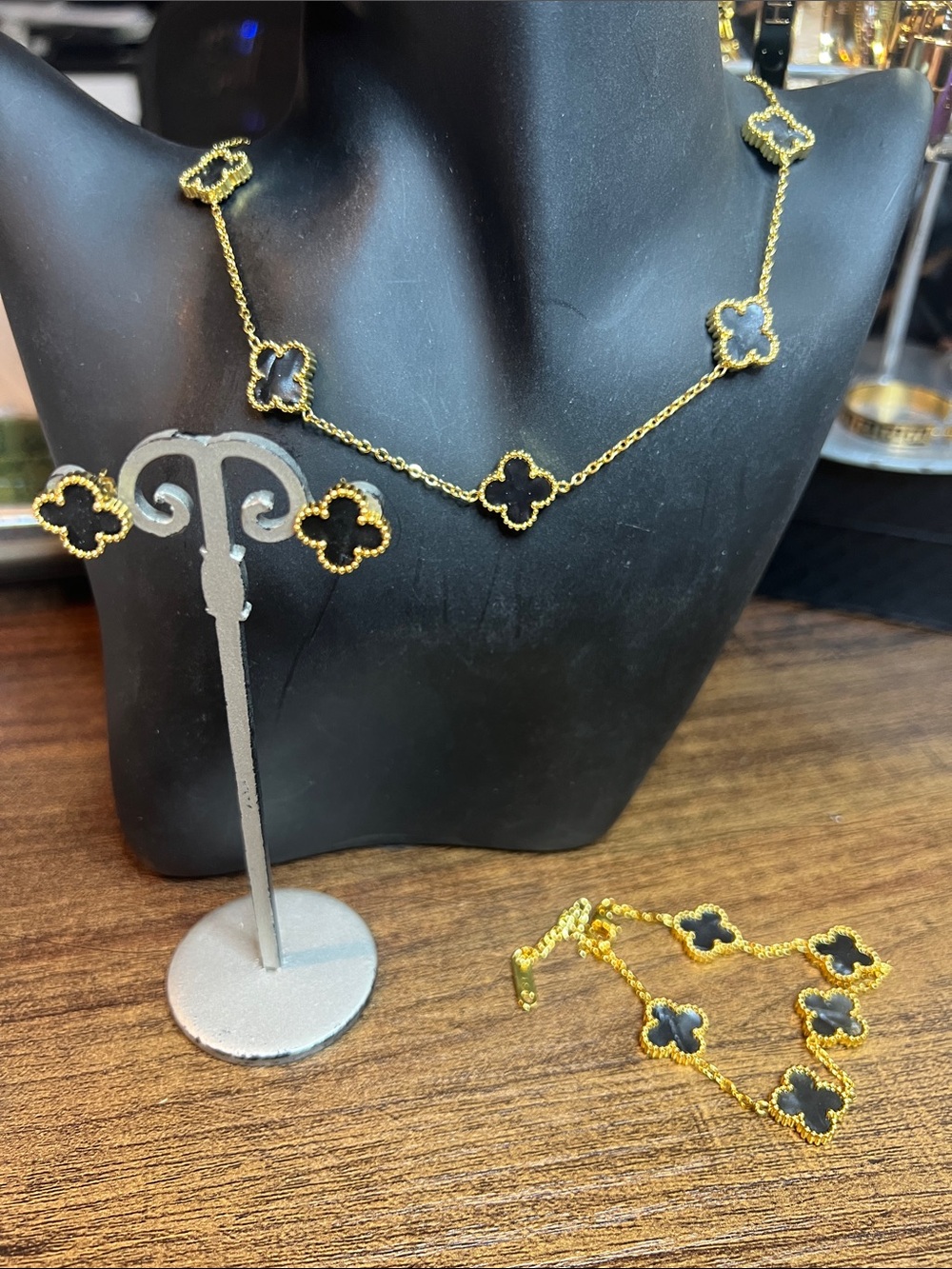 Stainless Steel Gold Clover Motif Black Stone Necklace and Earring Set